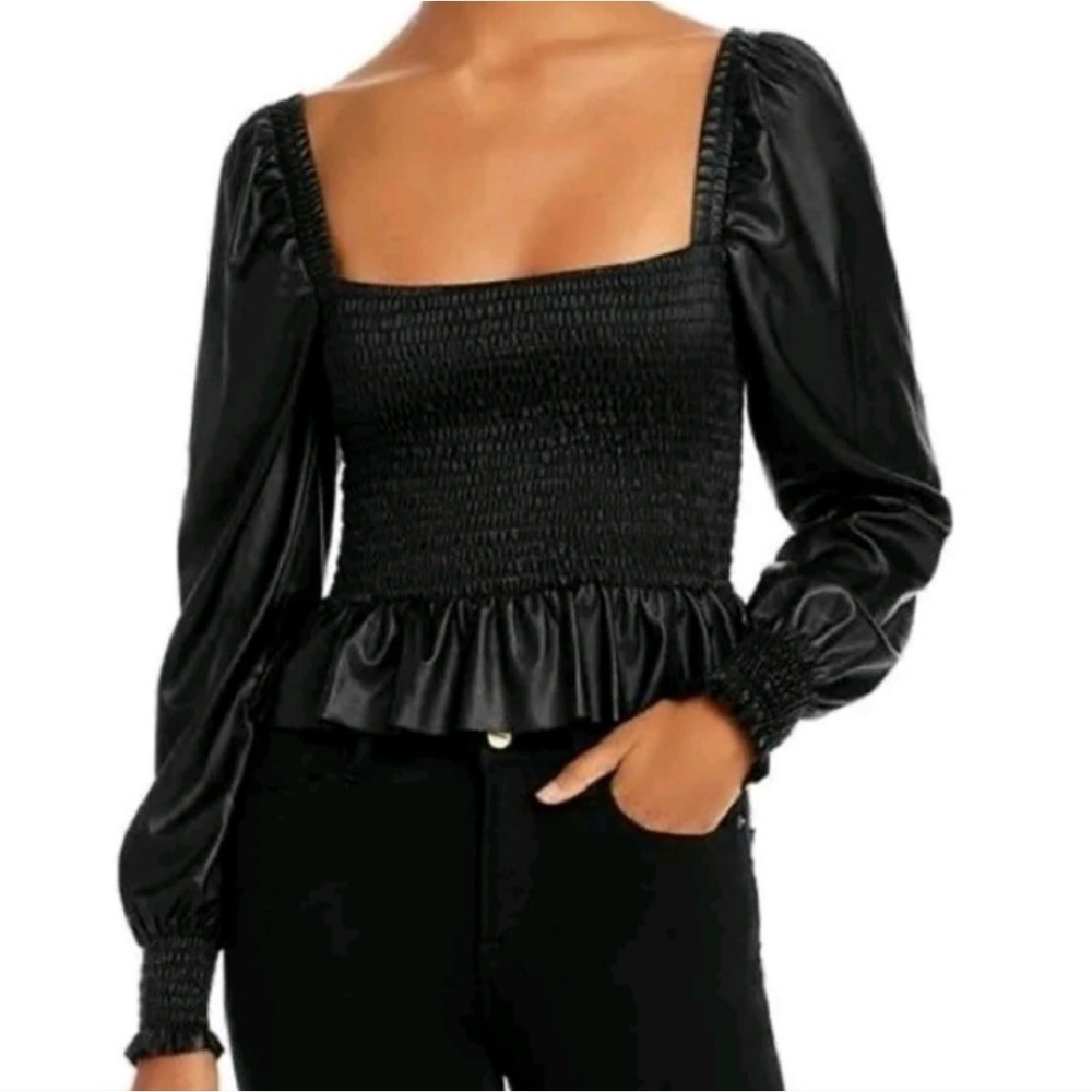 7 for All Mankind Faux Leather Smocked Square-neck Top